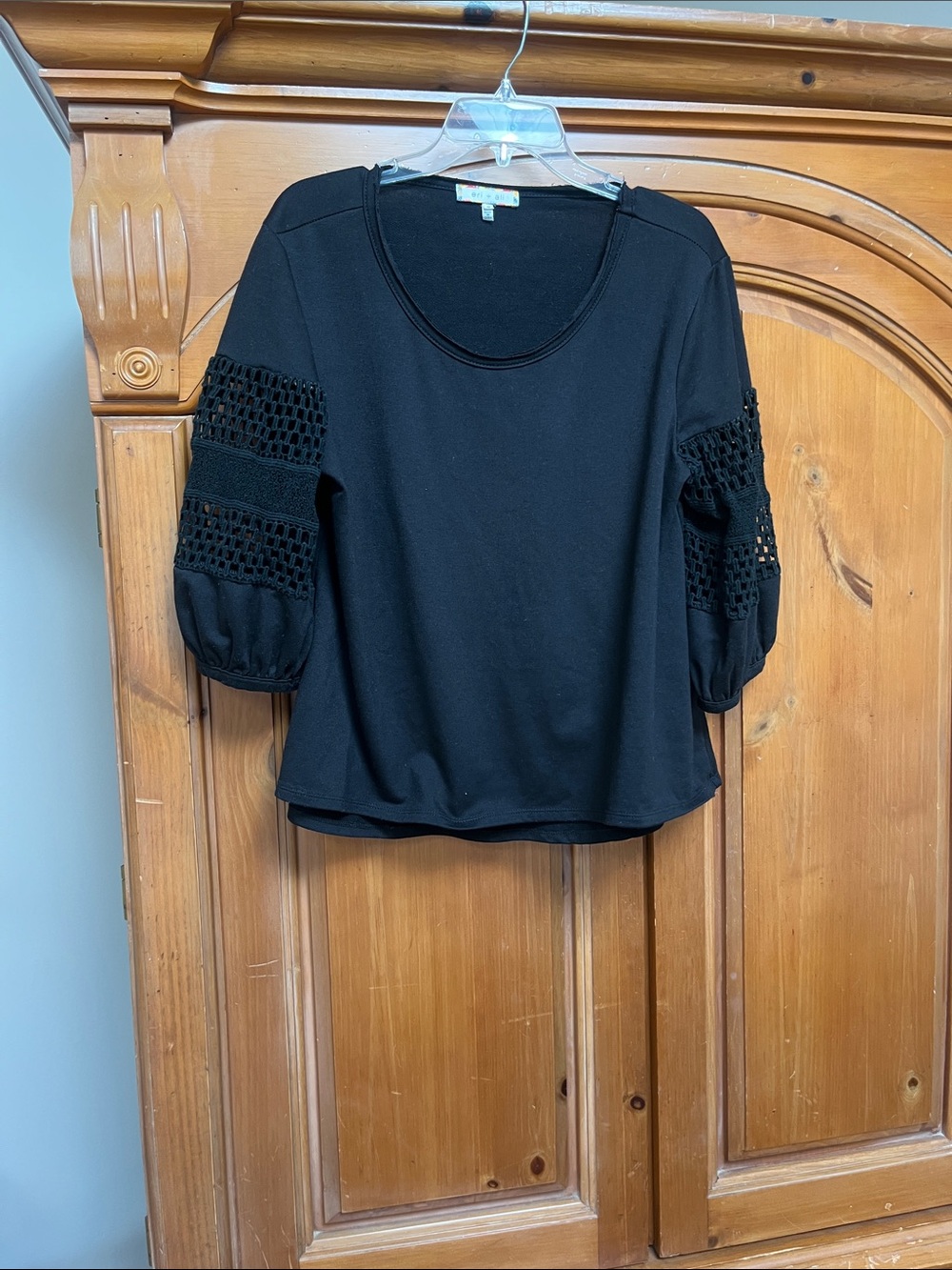 Black Puff-Sleeve Crochet Detail Long Sleeve Top